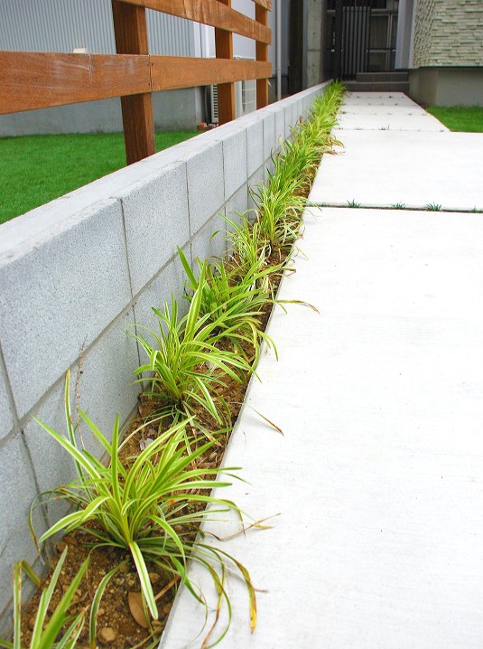 熊谷市　天然石張りの門柱がモダンな印象のオープン外構のアプローチのグランドカバー