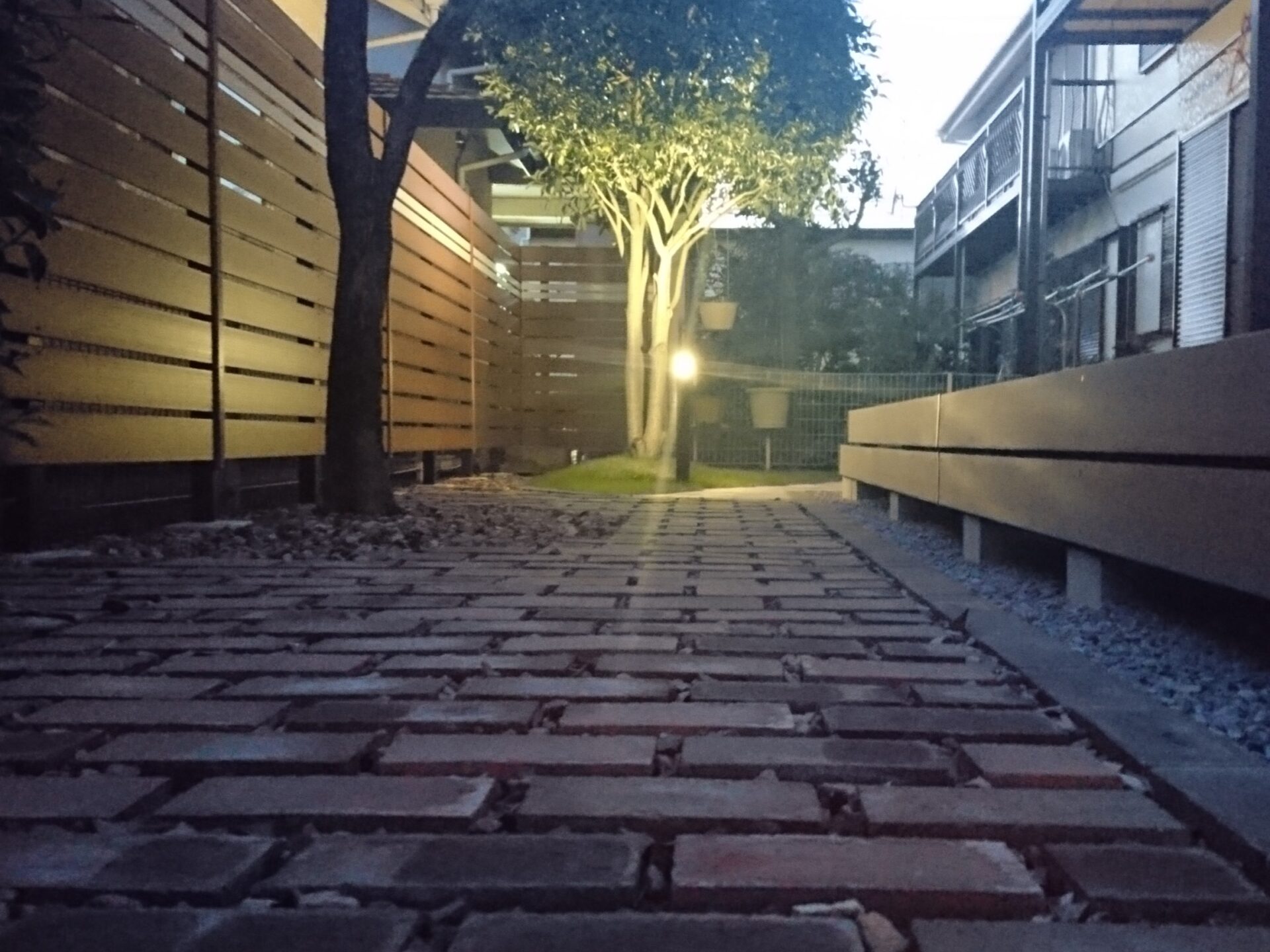 鴻巣市　レンガの小径とBBQ炉があるナチュラルなお庭のアプローチ夜景