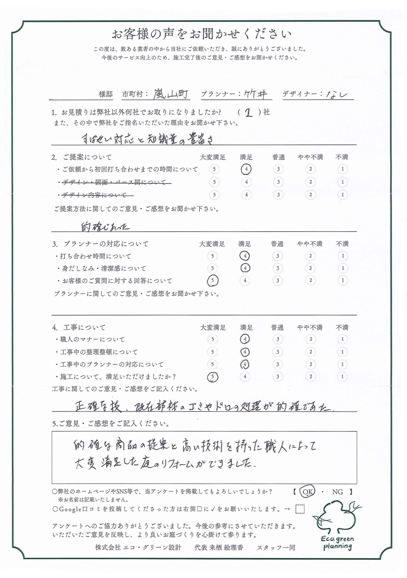 的確な商品の提案と高い技術をもった職人によって大変満足した庭のリフォーム