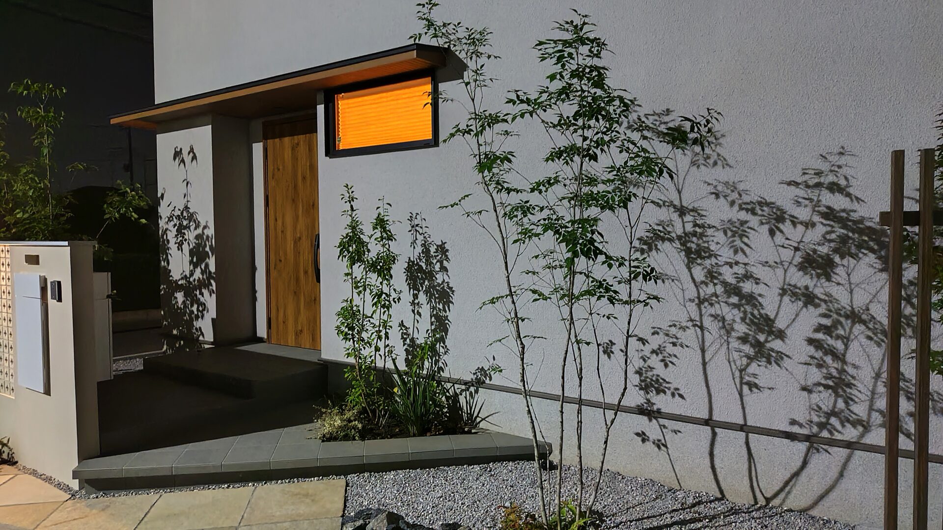 行田市 目隠しフェンスと植栽でつくる優しい暮らしの外構の夜の樹形